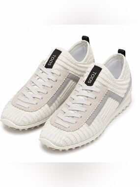 Tod's Cream Knit Sneakers with Light Gray and silver Suede Trim sz:37